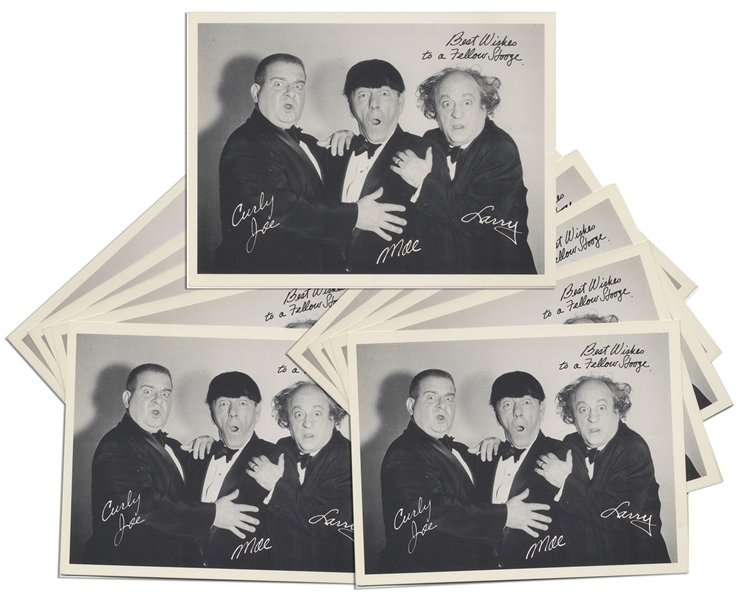 Moe Howard's Lot of 91 Semi-Glossy Photos With The Three Stooges Printed Signatures, Circa 1960s -- Each Measures 7'' x 5.25'' -- Near Fine Condition
